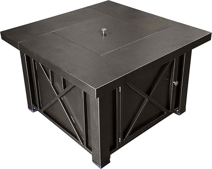 Hiland 38'' Square Propane Fire Pit Table w/Lid, Fireglass Included, Regulator and Hose, 40,000 BTU, Decorative Crossbars, Bronze