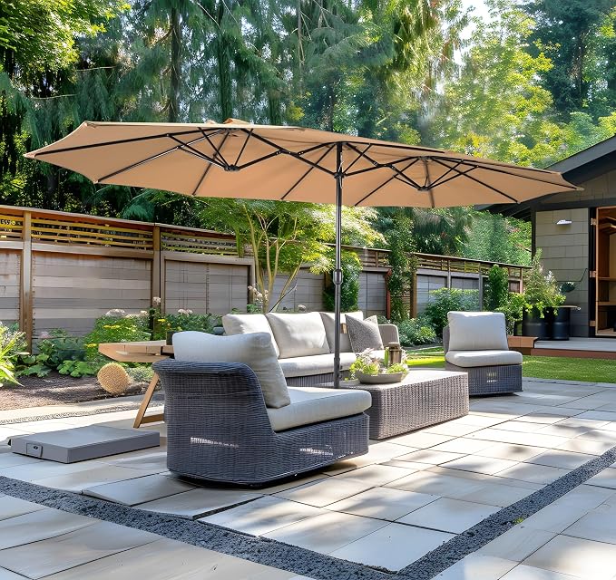 15ft Patio Umbrella with Base, 10-Year-No-Fade Large Outdoor Double-Sided Market Umbrella with UPF50+Terylene Polyester Fabric and Crank for Poolside Garden Deck Backyard Beach Pools