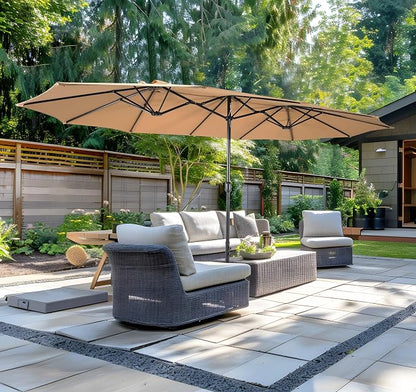 15ft Patio Umbrella with Base, 10-Year-No-Fade Large Outdoor Double-Sided Market Umbrella with UPF50+Terylene Polyester Fabric and Crank for Poolside Garden Deck Backyard Beach Pools