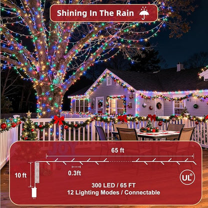 300 LED Outdoor Christmas Lights 75ft, 12 Lighting Modes Indoor String Lights Dimmable & Timer Memory, Outsite Waterproof Tree Lights for Xmas Garden Wedding Party Holiday Decorations Multicolor