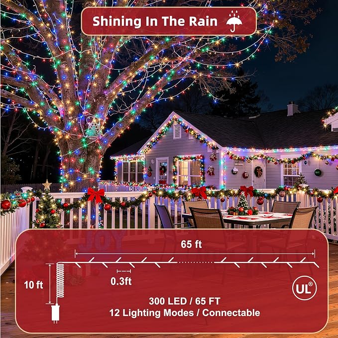 300LED 75FT Christmas Lights Indoor, LED Christmas Tree Decoration Lights with 12 Modes & Timer Memory, Dimmable Plug In Waterproof LED Xmas Light for Yard Trees Wedding Party Holiday Multicolor