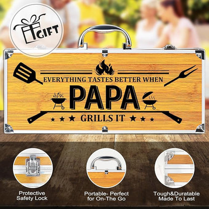 Papa Gifts from Grandkids, Fathers Day Papa Grilling Gift Heavy Duty Wooden BBQ Grilling Accessories Kit for Backyard, Thick Stainless Steel Grill Utensils with Non-Slip Handle Tools in Portable Bag