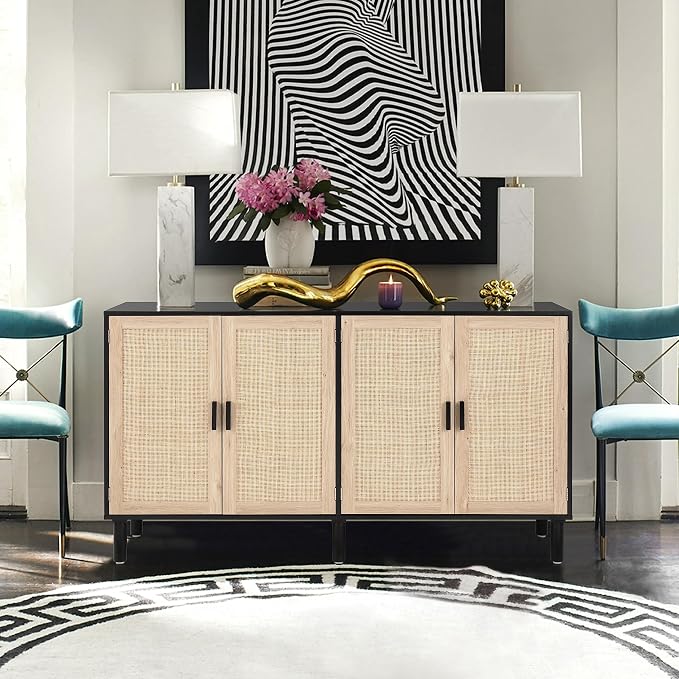 Finnhomy 4 Door Sideboard Buffet Cabinet, Kitchen Storage Cabinet with Rattan Decorated Doors, Cupboard Console Table, Boho Accent Liquor Cabinet, Bar Cabient, 62.3X 15.7X 34.6 Inches, Black
