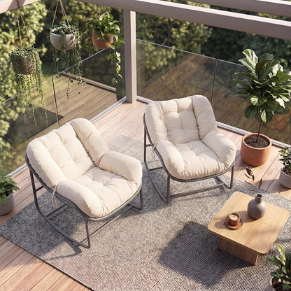 2 PCS Outdoor Rocking Chair, Papasan Rocking Chair with Thick Cushion, Comfy Wicker Reading Lounge, Indoor Bed-Like for Bedroom,Balcony, Porch, Garden, Beige