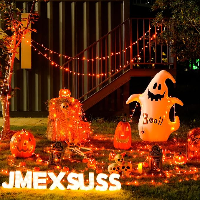 JMEXSUSS 33FT 100 LED Orange Lights for Halloween, Battery Operated | Halloween Lights Outdoor Indoor, 8 Modes Remote String Lights for Yard Tree Front Porch Room House Fence Xmas Decor