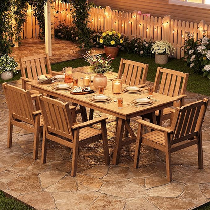 Outdoor Dining Table 6 Person, Rectangle HDPE Patio Table with 2.1" Umbrella Hole, Triangular Legs, Weatherproof Heavy Duty Backyard Furniture for Garden, Deck, Poolside, Easy Assembly (Natural)
