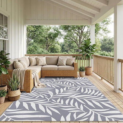 Smiry Outdoor Rug 5x8 ft Waterproof Reversible Leaf Mat, Grey & White | Polypropylene Plastic Straw, Quick Drying, Lightweight Foldable, for Patio, Deck, RV Camping, Backyard and Indoor Outdoor Use