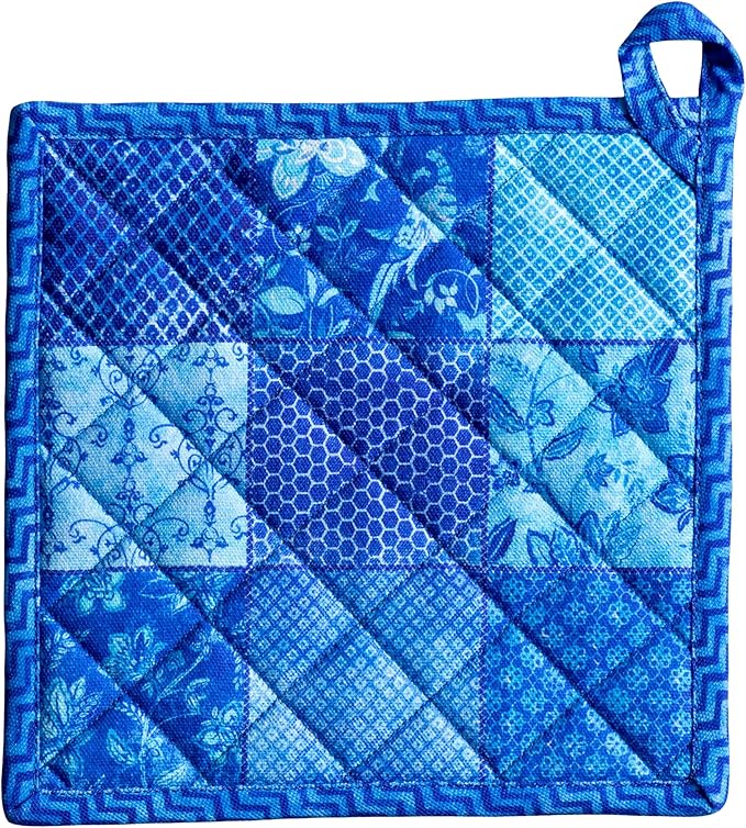 Maison d' Hermine Pot Holders 100% Cotton Heat Resistant Potholders 8" x 8" Hot Pads with Loop BBQ Cooking Baking Hotel Farmhouse Kitchen Handling Hot Pans Spring Summer (Pack of 1, Indigo Love)