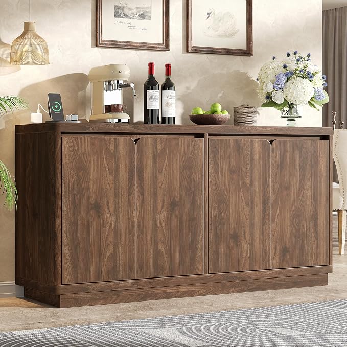 knoworld 63" Buffet Cabinet with Storage & Power Outlet, Wood Sideboard Credenza with Double-Arc Doors, Modern Coffee Bar Console Table for Kitchen Dining Room, Walnut