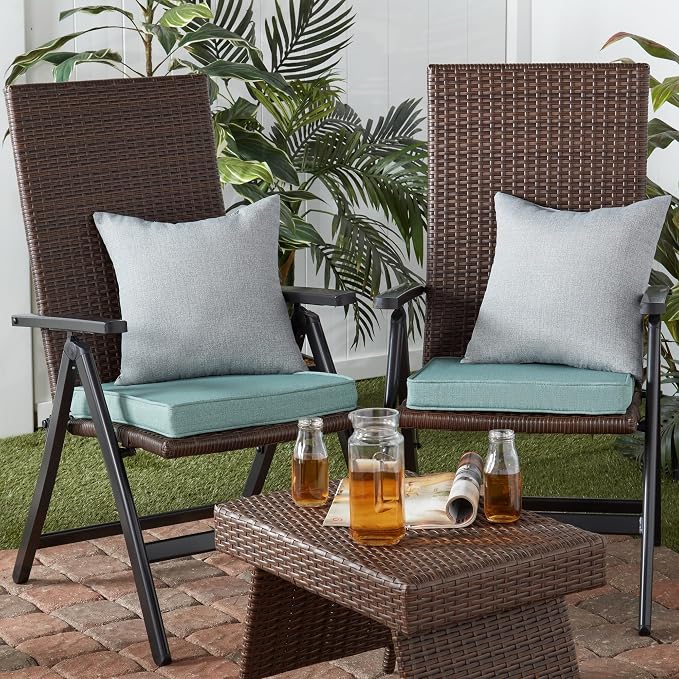 Outdoor 18 inch Square Patio Dining Chair Pads – Comfortable Fiber-Filled Seat Cushions with Ties, Reversible Polyester Fabric - Seaglass, Set of 2