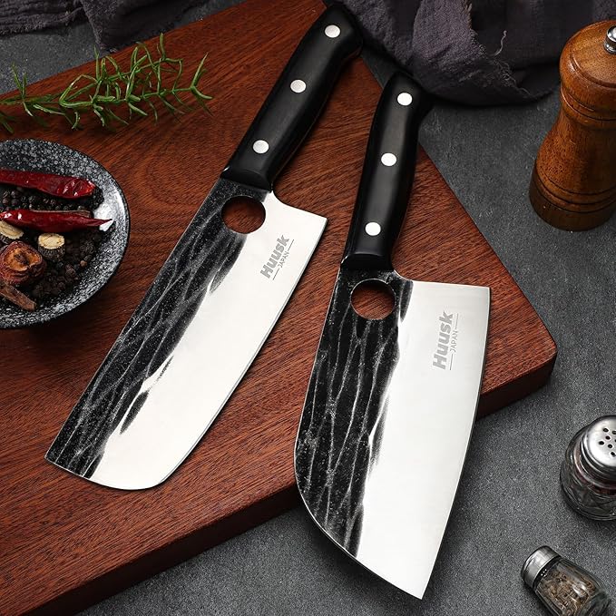 Huusk Knives Set, Serbian Chef Knife Set with Bag, Japanese Kitchen Knives Set, Hand Forged High Carbon Steel Knife Set, Full Tang Knives with Ebony Handle, Christmas Gift for Men and Women