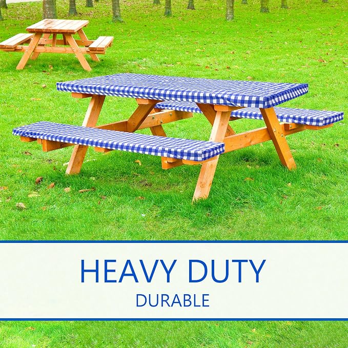 LINPRO 8ft Picnic Table Cover with Bench Covers Vinyl Fitted Picnic Table Covers with Elastic Camping Essentials and Picnic Tablecloth and RV Accessories