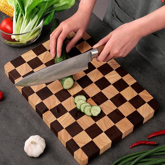 Checkered Cutting Board 15 x 10 in, Wood Checkerboard Cutting Board for Kitchen, Wooden Serving Tray Charcuterie Board for Meat, Fruit, Cheese, Bread