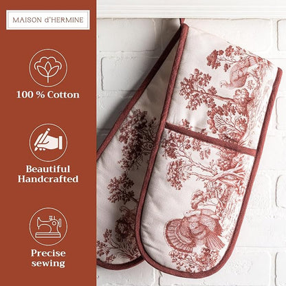 Maison d' Hermine Double Oven Mitts 100% Cotton Double Oven Glove (7"x35") | Heat Resistant BBQ Cooking Gloves with Loop Baking Kitchen Home Hotel Farmhouse Thanksgiving Christmas - Holy Jouy - Brown