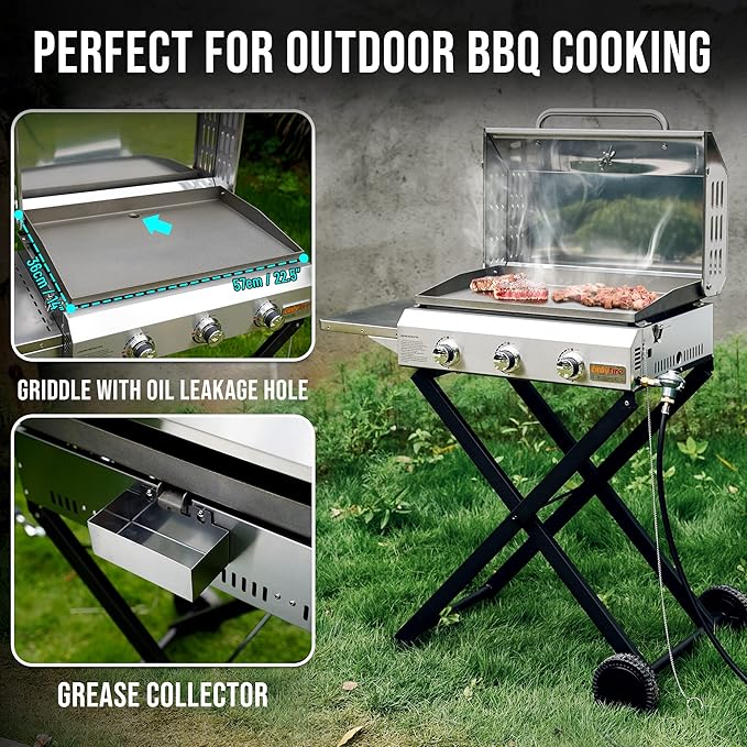 ONLYFIRE GRILLS Portable Propane Gas Griddle 3-Burner with Foldable Cart & Side Table, Flat Top Gas Grill Griddle Stove with Lid, for Outdoor Cooking Patio Backyard Camping RV Tailgating Beach, GS310