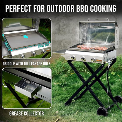 ONLYFIRE GRILLS Portable Propane Gas Griddle 3-Burner with Foldable Cart & Side Table, Flat Top Gas Grill Griddle Stove with Lid, for Outdoor Cooking Patio Backyard Camping RV Tailgating Beach, GS310