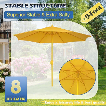 Sunnyglade 9FT Outdoor Patio Umbrella, Market Table Umbrella with 8 Sturdy Ribs and Crank System, Fade-resistant & Waterproof for Garden Backyard Poolside Deck