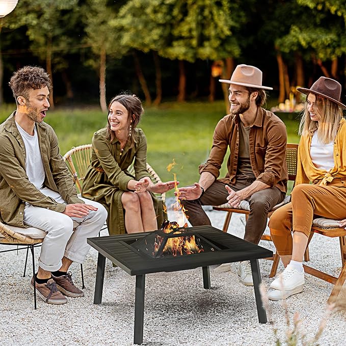Outsunny 34" Fire Pit with Grill, Metal Outdoor Wood Burning Firepit with Spark Screen, Fire Poker, Cover, Table Lip, Black