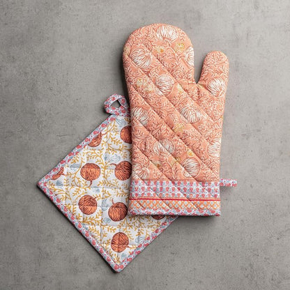 Maison d' Hermine 100% Cotton Oven Mitt & Pot Holder Set (7.5"x13" & 8"x8") | Heat Resistant BBQ Cooking Gloves with Loop Baking Kitchen Hotel Home Farmhouse Thanksgiving Christmas - Harvest Festival