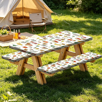 Picnic Table Cover with Bench Covers and Bag, Camping Rv Essentials, Waterproof Windproof Fabric, Fitted Tablecloth Cover with Elastic Edge, 3 PCS, 30x72 Inch, White