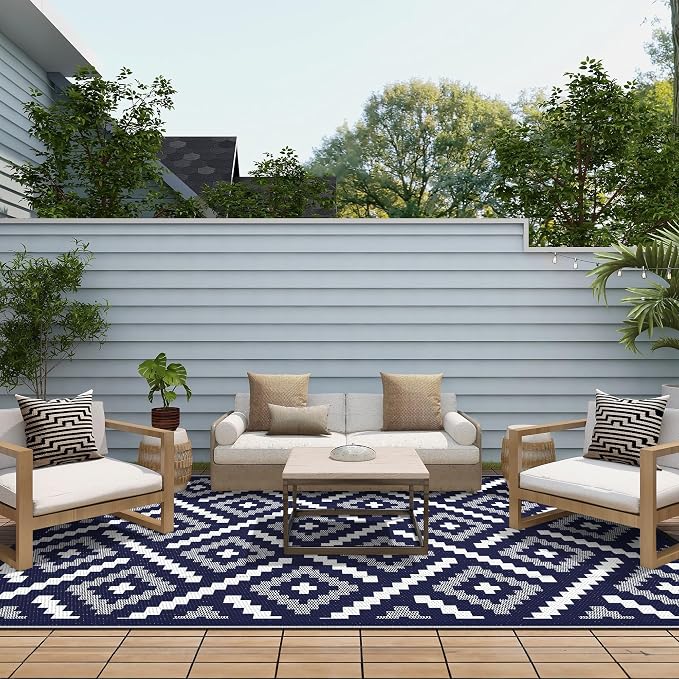 GENIMO Outdoor Rug, Waterproof Plastic Rugs for Patio, 6'x9' Navy Blue | Outside Larger Modern Carpet Mat for Porch Decor, Deck, Balcony, Camping, RV, Backyard, Picnic, Beach, Reversible, Foldable