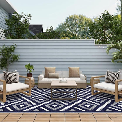 GENIMO Outdoor Rug, Waterproof Plastic Rugs for Patio, 6'x9' Navy Blue | Outside Larger Modern Carpet Mat for Porch Decor, Deck, Balcony, Camping, RV, Backyard, Picnic, Beach, Reversible, Foldable
