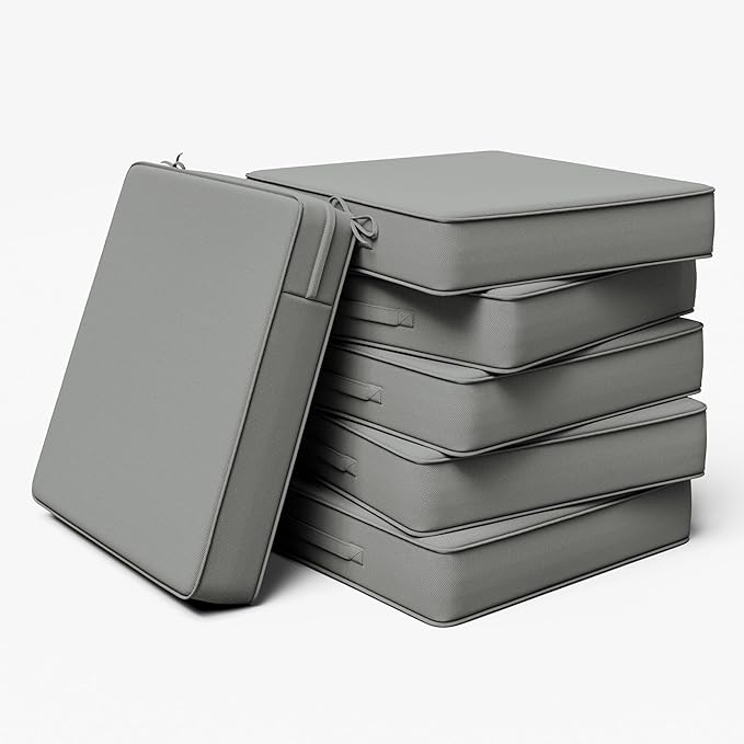 Outdoor Chair Cushion 24 x 24 x 5 Inches Patio Furniture Outdoor Waterproof Seat Cushion, Patio Chair Cushion with Handles and Ties, Square Dining Chair Cushion Set of 6, Light Grey