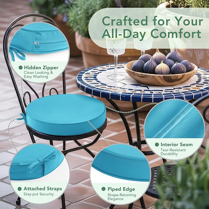 Summsun Outdoor Bistro Chair Cushions Set of 4, 15" D x 3" H Round Chair Cushions Waterproof and Fade Resistant Chair Cushion Pads with Non-Slip Ties and Removable Covers for Garden, Teal
