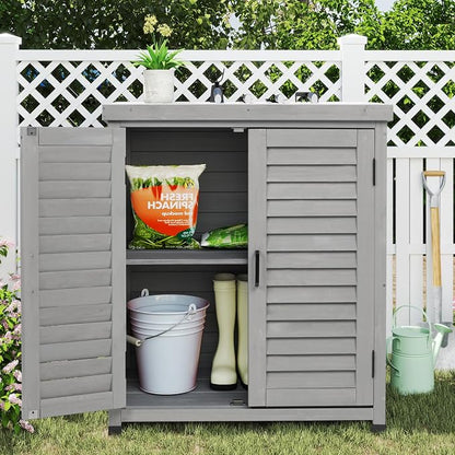 Outdoor Storage Cabinet & Potting Bench Table with Metal Top, Wooden Patio Furniture, Garden Workstation (Accent Grey, 36x31x17in)