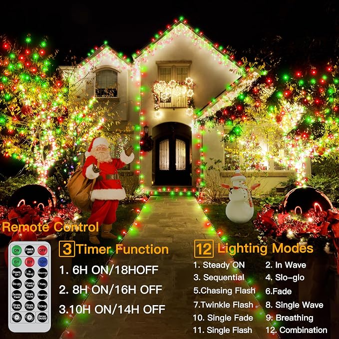 12 Modes Outdoor String Lights with Dusk to Dawn,174ft 500 LED Plug in Christmas Lights Remote Memory,Dimmable Waterproof Fairy Lights for Outside Timer Garden Party(Red&Green)