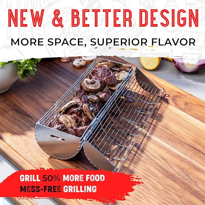SHIZZO Rolling Grill Basket, Removable Wooden Handle, Extra Sturdy Cylinder Grilling Basket, Food Grade Stainless Steel, Portable Outdoor Camping accessories BBQ Net Rack, Cooking Griller for Fish, Vegetables, and More - Gifts for Men Dad Husband - Set...