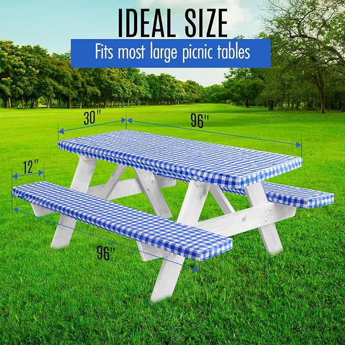 LINPRO Premium Picnic Table Cover with Bench Covers Vinyl Fitted Picnic Table Covers with Elastic RV Camping Accessories and Camper Must Haves Waterproof (Blue Gingham, 96 x 30(8ft))