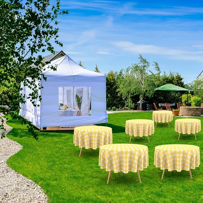 Disposable Checkered Tablecloth Round Plastic Buffalo Plaid Table Cloth 84'' Gingham Tablecover for Picnic Camping BBQ Graduation Party(Yellow and White,6 Pieces)