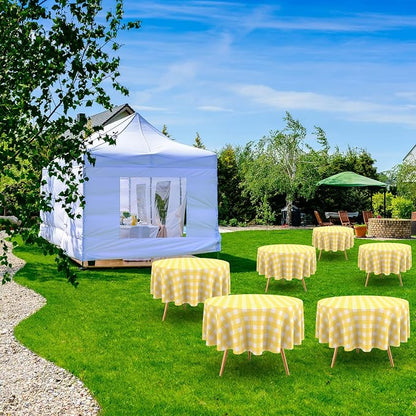 Disposable Checkered Tablecloth Round Plastic Buffalo Plaid Table Cloth 84'' Gingham Tablecover for Picnic Camping BBQ Graduation Party(Yellow and White,6 Pieces)