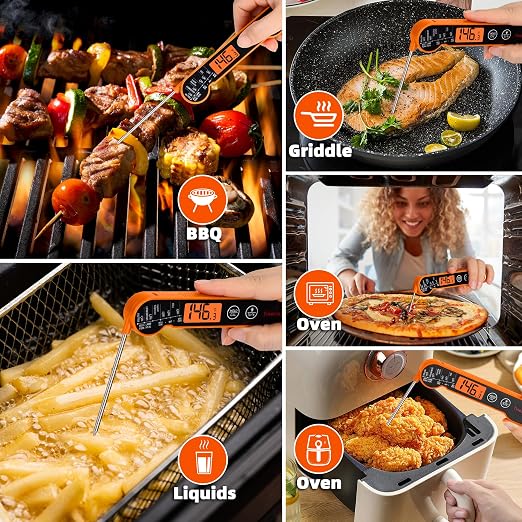 Professional Digital Meat Thermometer Instant Read Waterproof – Folding Probe Food Thermometer with Backlight & Calibration, Fast Read for BBQ, Grill, Deep Fry, Liquids, Gift for Chef (Orange)