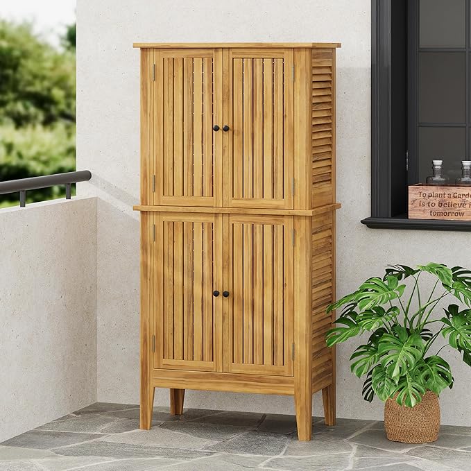 Christopher Knight Home Dessa Outdoor Cabinet, Acacia Wood Storage Cabinet, Garden Stool Shed with 4 Shelves, Tools Organizer with 2 Doors for Backyard Garden Balcony, 61.80" Tall Storage Shed, Teak