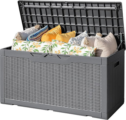 Flamaker Outdoor Storage Box 100 Gallon Waterproof Resin Deck Box Delivery Box with Air Rod Indoor Outdoor Lockable Storage Bench for Patio Cushions, Tools, Pool Accessories (Gray)