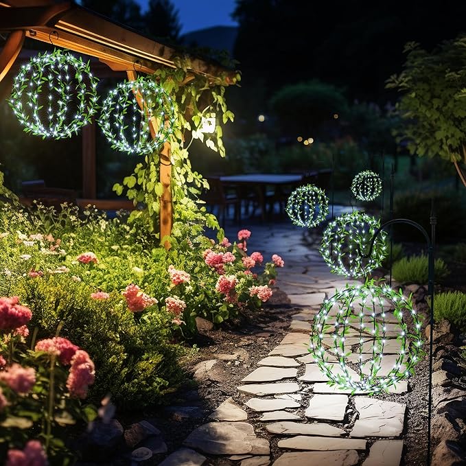 Joomer Solar Hanging Ball Lights Outdoor, 2-Pack 13in & 11in Total 264 LED Solar Globe Lights, 8 Modes Waterproof Metal Sphere Lights with Hooks for Patio Garden Decor - White