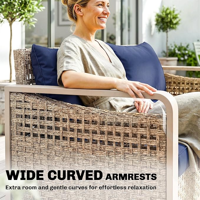 Outsunny Outdoor Patio Couch with Wide and Deep Seat, 3 Seater Wicker Outdoor Sofa with Wide Metal Armrests, Patio Furniture Couch with Cushions for Porch, Garden, Backyard, Dark Blue | Removable Covers
