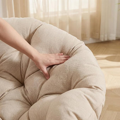 Cushion Papasan Swivel Chair, Ergonomic Wicker Round Chair with Thick Padding, Oversized Swivel Wicker Accent Chairs for Living Room, Bedroom, Reading Room, Balcony, Brown Frame, Beige