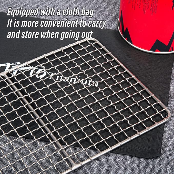 TiTo Titanium BBQ Net Grill Portable Ultralight Non-Stick Meat Grill Grate for Home Garden Outdoor Camping Picnic Hiking Charcoal Holder with Storage Bag (A)