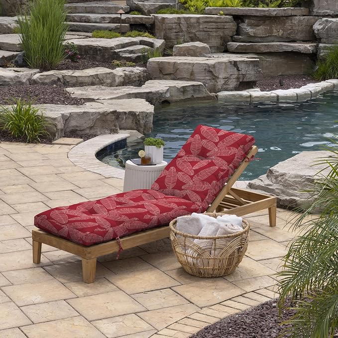Arden Outdoor Plush Modern Tufted Chaise Cushion, 76 x 22, Rain-Proof, Fade Resistant, Tufted Cushion for Chaise Lounger Red Leaf Palm | Plush Comfort, Modern Tuft, Lounge Cushion, Rain-Proof, Fade Resistant, Mold and Mildew Resistant
