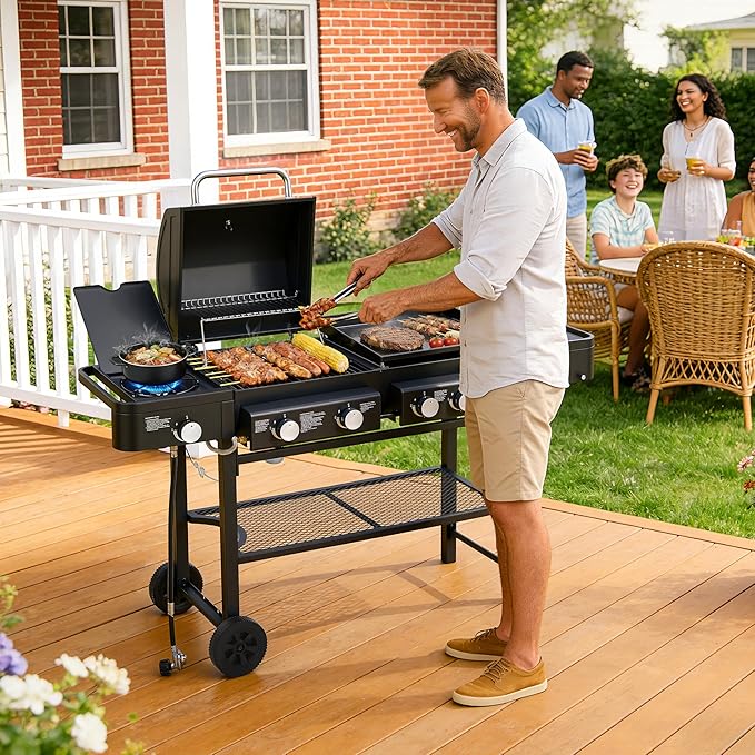 Outdoor Gas Grill with 6 Burners & Side Burner 59000 BTU Stainless Steel BBQ Grill Enamel-Coated Grates Side Tables for Backyard Patio Cooking Charcoal Grills & Smokers,A5