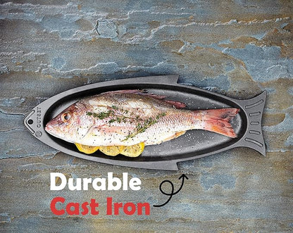 Outset Cast Iron Fish Grill and Serving Pan, 18.9 x 7.28 x 0.98 inch BBQ and Oven Safe Fish Cooking Pan