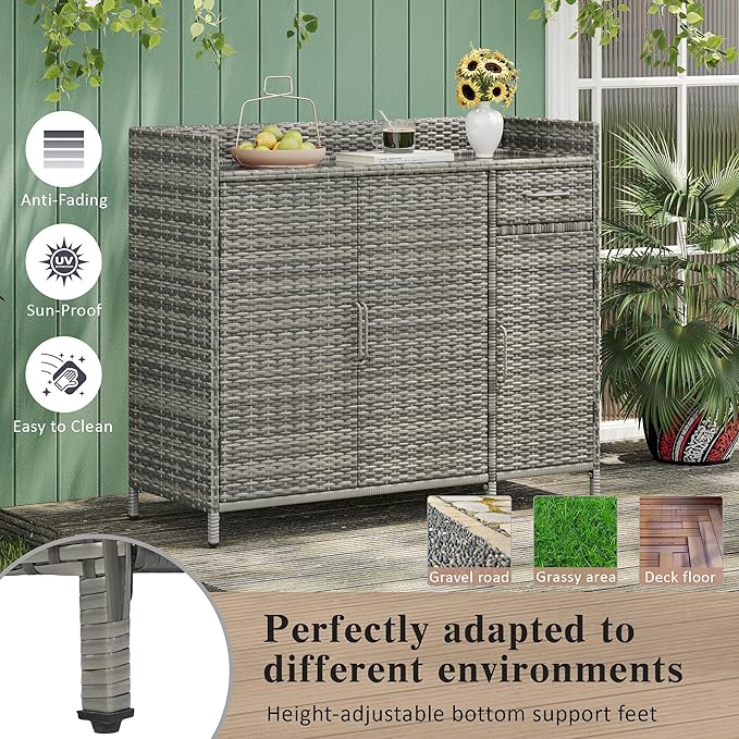 Merax 47.5" Wicker Outdoor Storage Cabinet with Tempered Glass Desktop, Weather-Proof Rattan Bar Table with 3 Doors, Adjustable Shelf, 1 Drawer for Outdoor Cushions, Pool Toys, Garden Tools, Grey