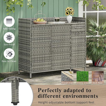 Merax 47.5" Wicker Outdoor Storage Cabinet with Tempered Glass Desktop, Weather-Proof Rattan Bar Table with 3 Doors, Adjustable Shelf, 1 Drawer for Outdoor Cushions, Pool Toys, Garden Tools, Grey