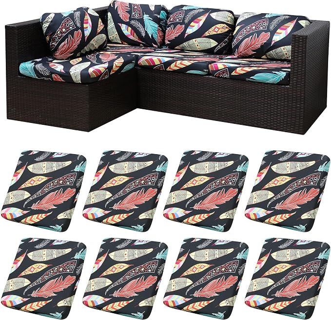 8Pcs Patio Cushion Covers, Outdoor Stretch Cushion Covers, Washable | Stretch Fit, Replacement, Washable and Reusable Furniture Protectors, Fits most patio furniture cushion covers, Cover Only