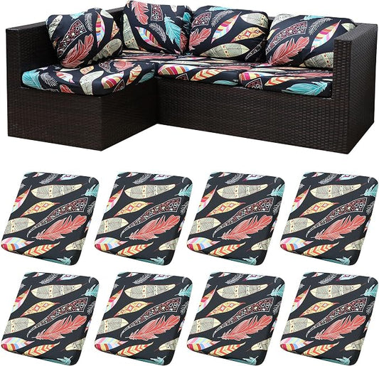 8Pcs Patio Cushion Covers, Outdoor Stretch Cushion Covers, Washable | Stretch Fit, Replacement, Washable and Reusable Furniture Protectors, Fits most patio furniture cushion covers, Cover Only