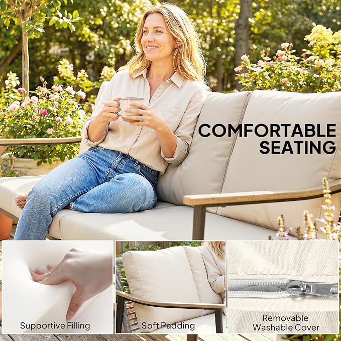 Outsunny Outdoor Patio Couch, 3 Seater Outdoor Sofa with Wood-Effect Armrests and Wicker Backrest, Outdoor Patio Furniture Couch with Cushions, Steel Frame for Porch, Garden, Backyard, Khaki