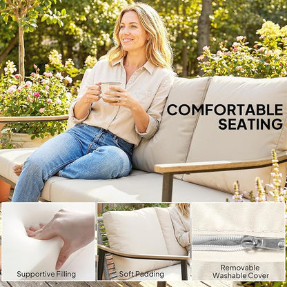 Outsunny Outdoor Patio Couch, 3 Seater Outdoor Sofa with Wood-Effect Armrests and Wicker Backrest, Outdoor Patio Furniture Couch with Cushions, Steel Frame for Porch, Garden, Backyard, Khaki